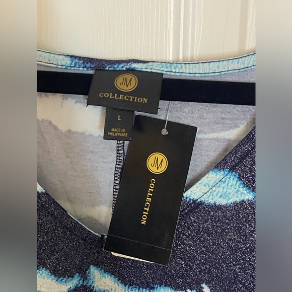 JM Collection Navy Turquoise & White Sparkle Tee w Side Tie - Picture 3 of 4